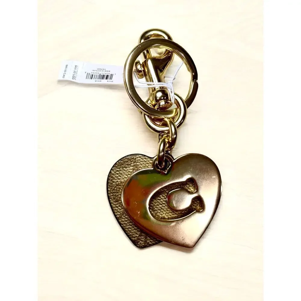 NWT Coach 91478 Signature Metal Heart Key Ring/Charm